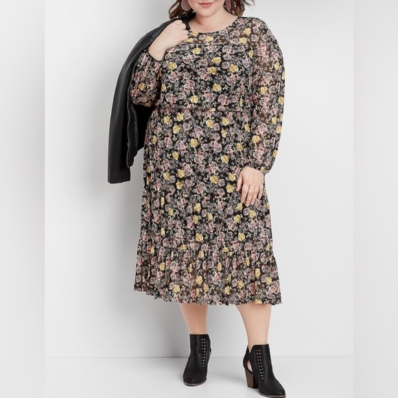 Maurices Plus Size Floral Mesh Midi Dress Tiered Black Multicolor Roses Sz 4X - Picture 1 of 16